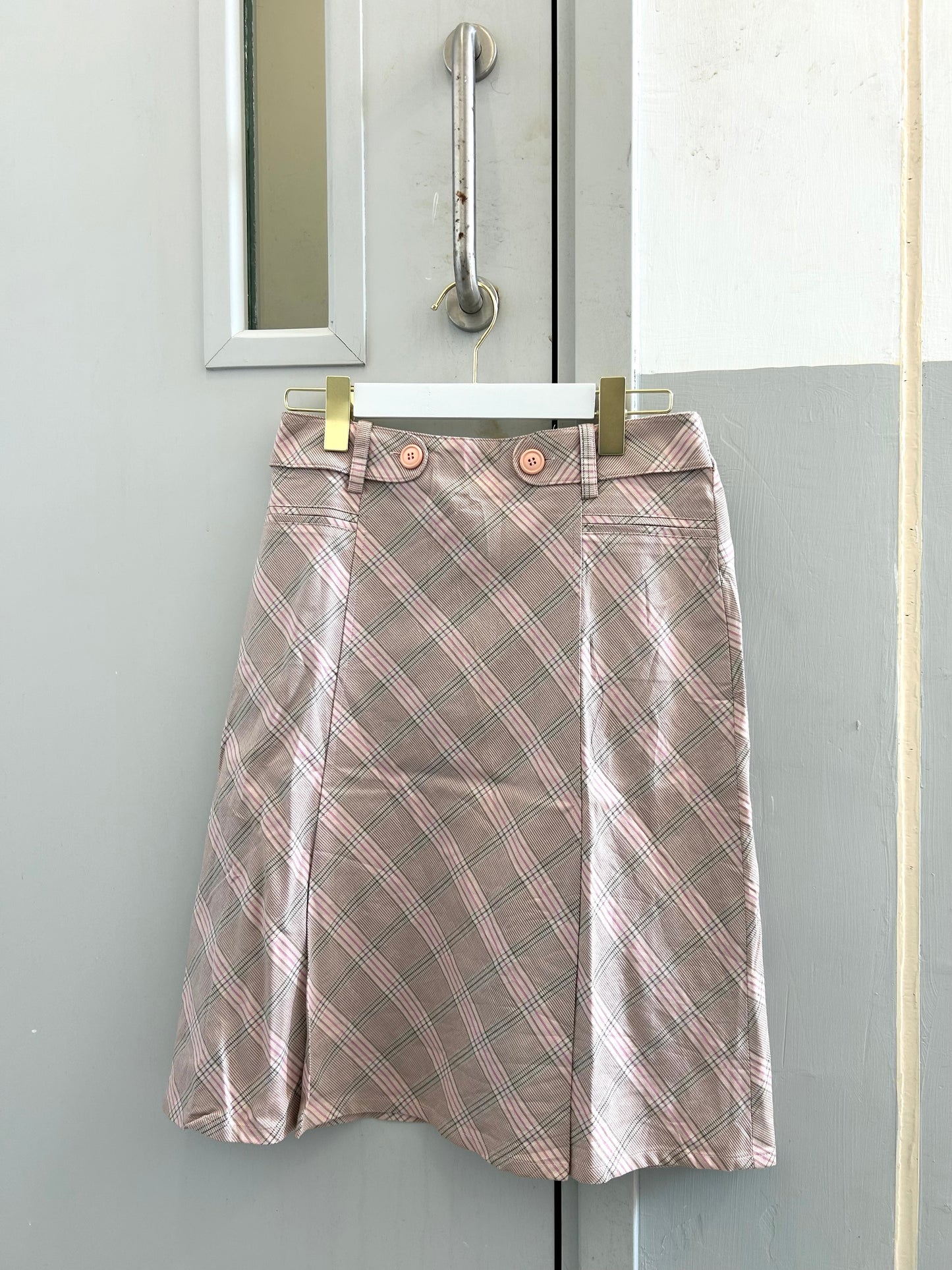 Pink Plaid Botton Midi Skirt