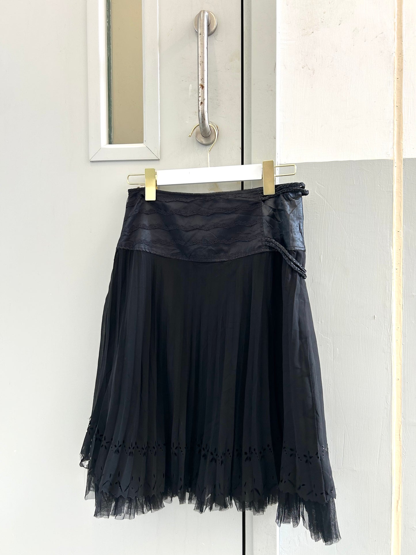 Black Silk And Lace Floral Midi Skirt