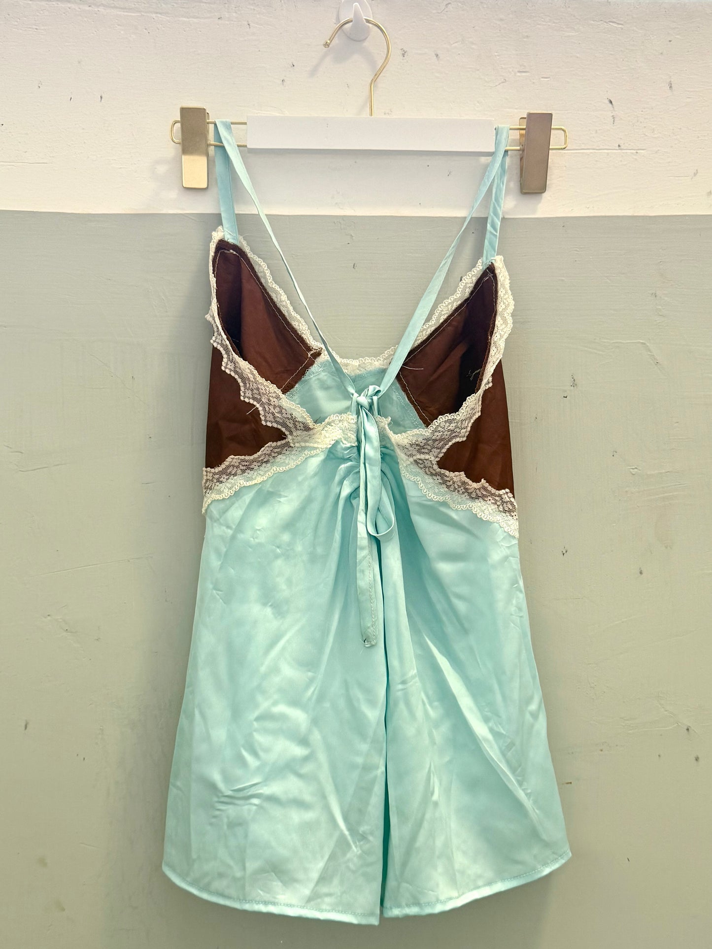 Brown and Baby Blue Lace Tie-up Cami Top