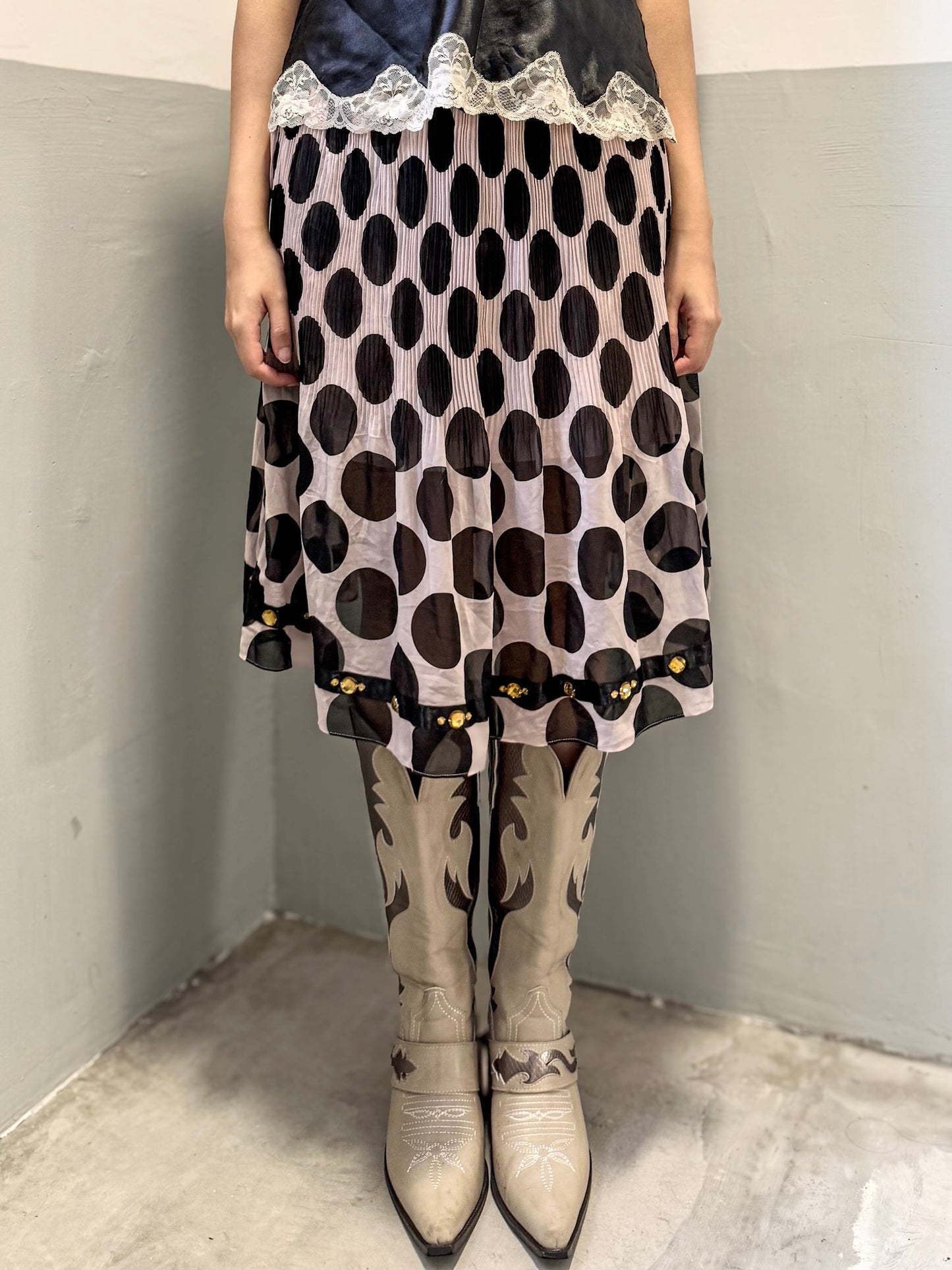 Black And Pink Polka Dot Midi Skirt