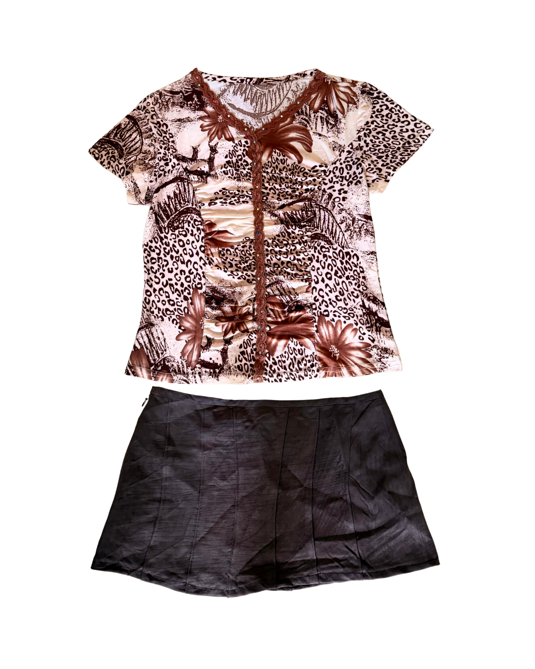 [Set]: Brown Animal Print Tee + Dark Brown Skirt
