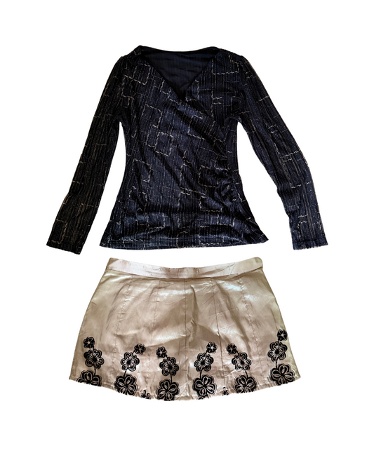 [Set]: Black Transparency Top + Gold Floral Mini Skirt