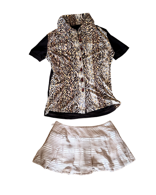 [Set]: Sparkling Animal Print Tee + Beige Mini Skirt