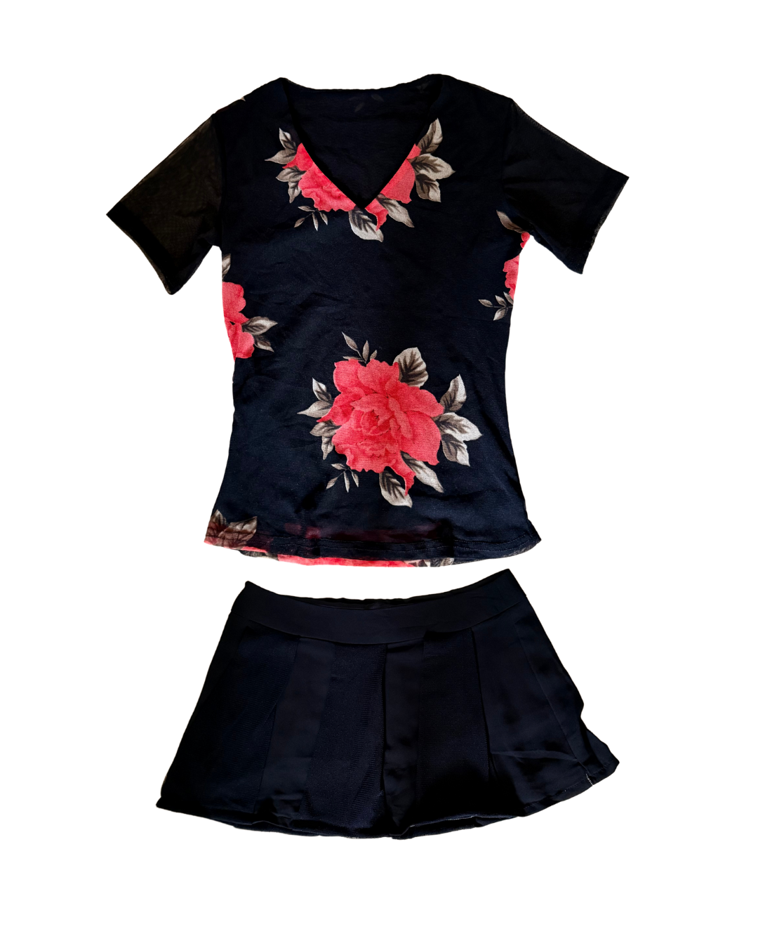 [Set]: Black Floral Tee+ Black Mini Skirt