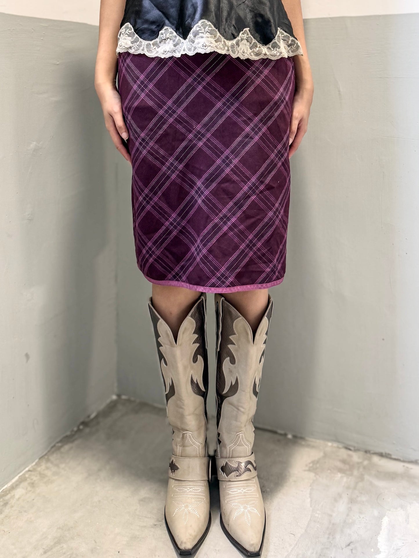 Purple Pink Plaid Midi Skirt